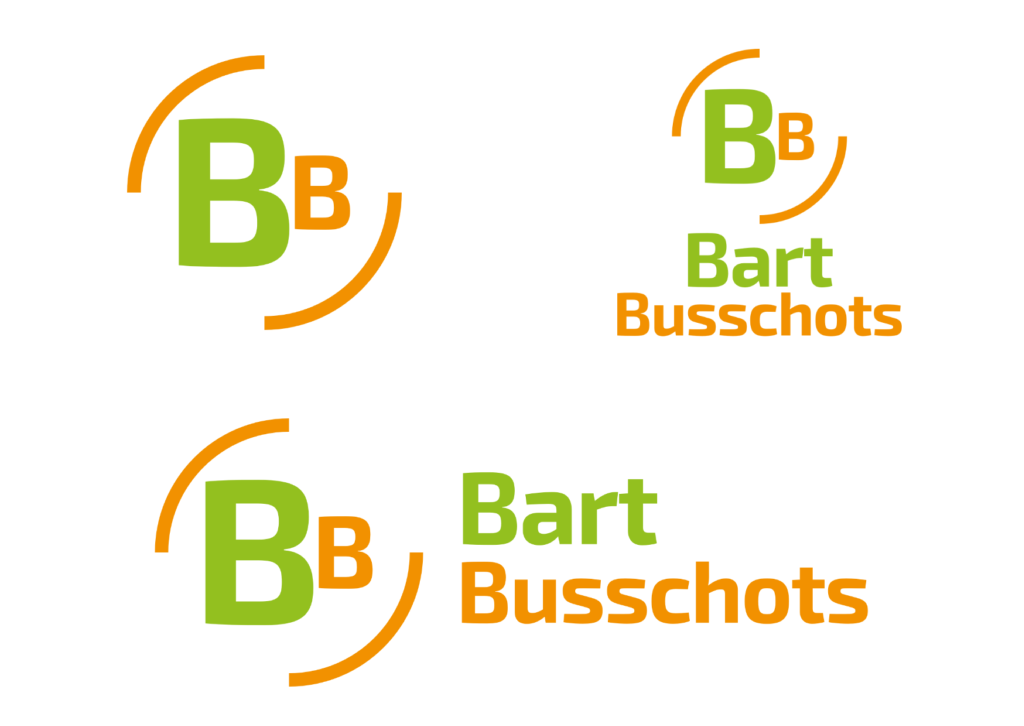A suite of logos similar to the Bartificer Creations logos above but with the letters 'BB' between perentheses braces and the words 'Bart Busschots' rather than 'Bartificer Creations'. The first, bigger 'B' is green and the second 'B' is smaller and in orange and arranged so their vertical centers align. The parentheses are not at the traditional 3 and 9 o'clock positions, but rotated 45 degrees to the 11 and 5o'clock positions. The word 'Bart' is in green and 'Busschots' is orange.