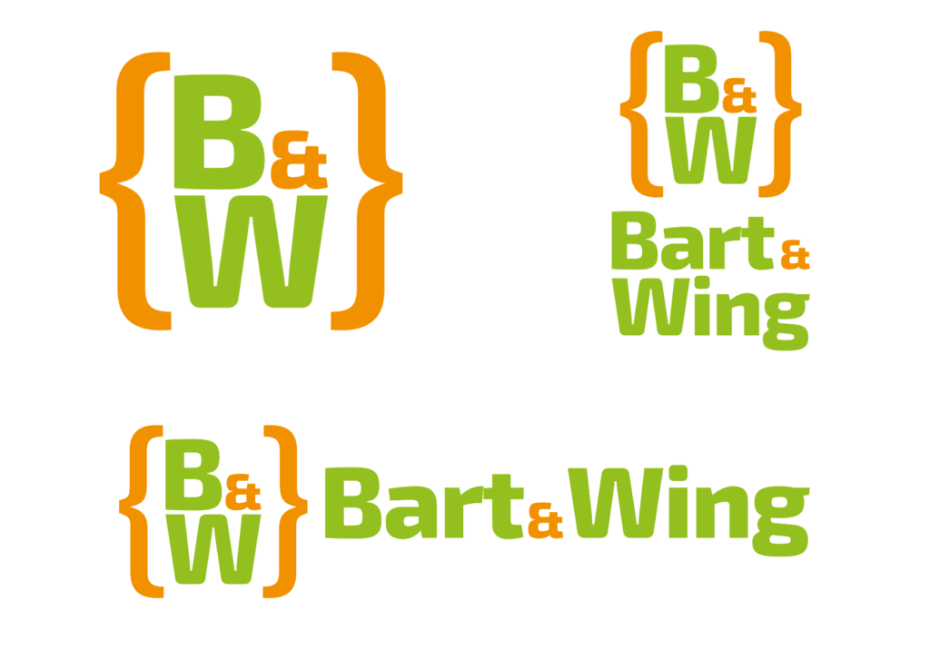 A suite of logos similar to the Bartificer Creations logos above but with the letters 'B&W' between curly braces and the words 'Bart & Wing' rather than 'bartificer'. The 'B' and 'W' are in green and full size, and the '&' is in orange. Because 'W' is wider, the 'B' and the smaller '&' appear over the 'W' in a square arrangement between the braces.