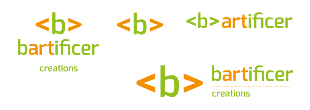 a selection of variants of a logo consisting of a green 'b' between orange chevrons, sometimes appearing with the word 'bartificer' with 'art' in orange and teh rest in green. In some variants the word 'creations' is include under 'bartificer' sepataeted from it by a dashed orange line