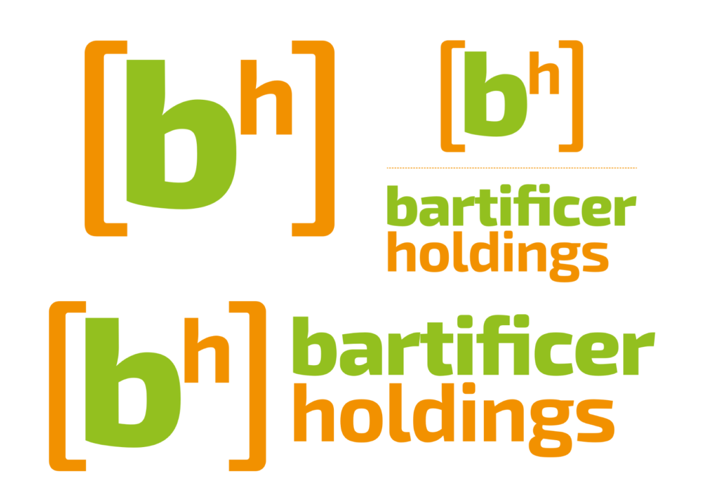 A suite of logos similar to the Bartificer Creations logos above but with the letters 'bh' between square braces and the word 'holdings' rather than 'creations'. The 'b' is in green and full height while the 'h' is in orange and superscript