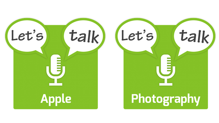 A pair of similar logos each consisting of a green square with a stylised white mic with two speach bubbles, one with 'Lets', the other with 'talk'. Each logo has a different word inside the green square under the mic, one says 'photography', the other 'apple'
